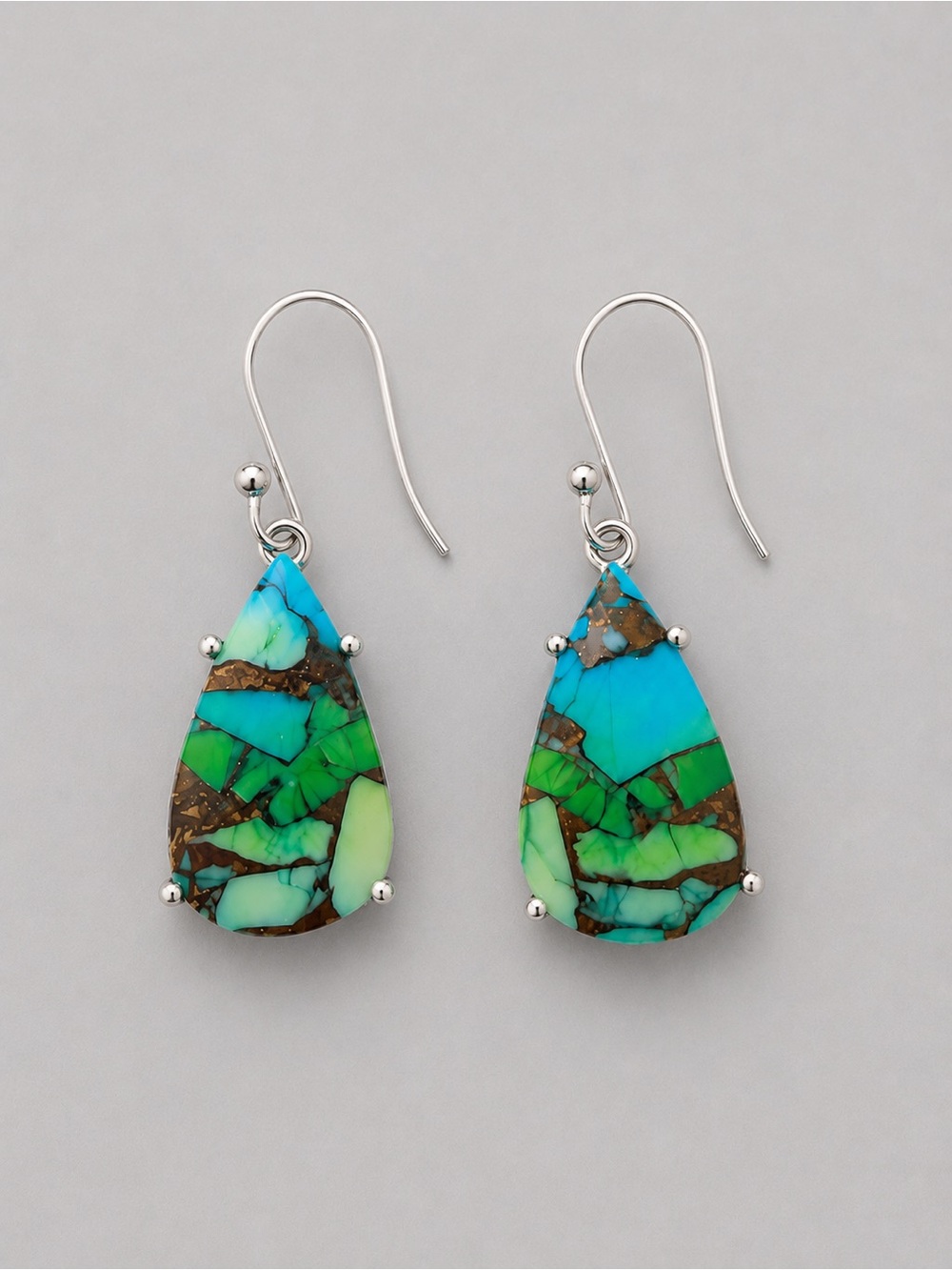 Turquoise Mosaic Teardrop Dangle Earrings - Green Blue Inlay